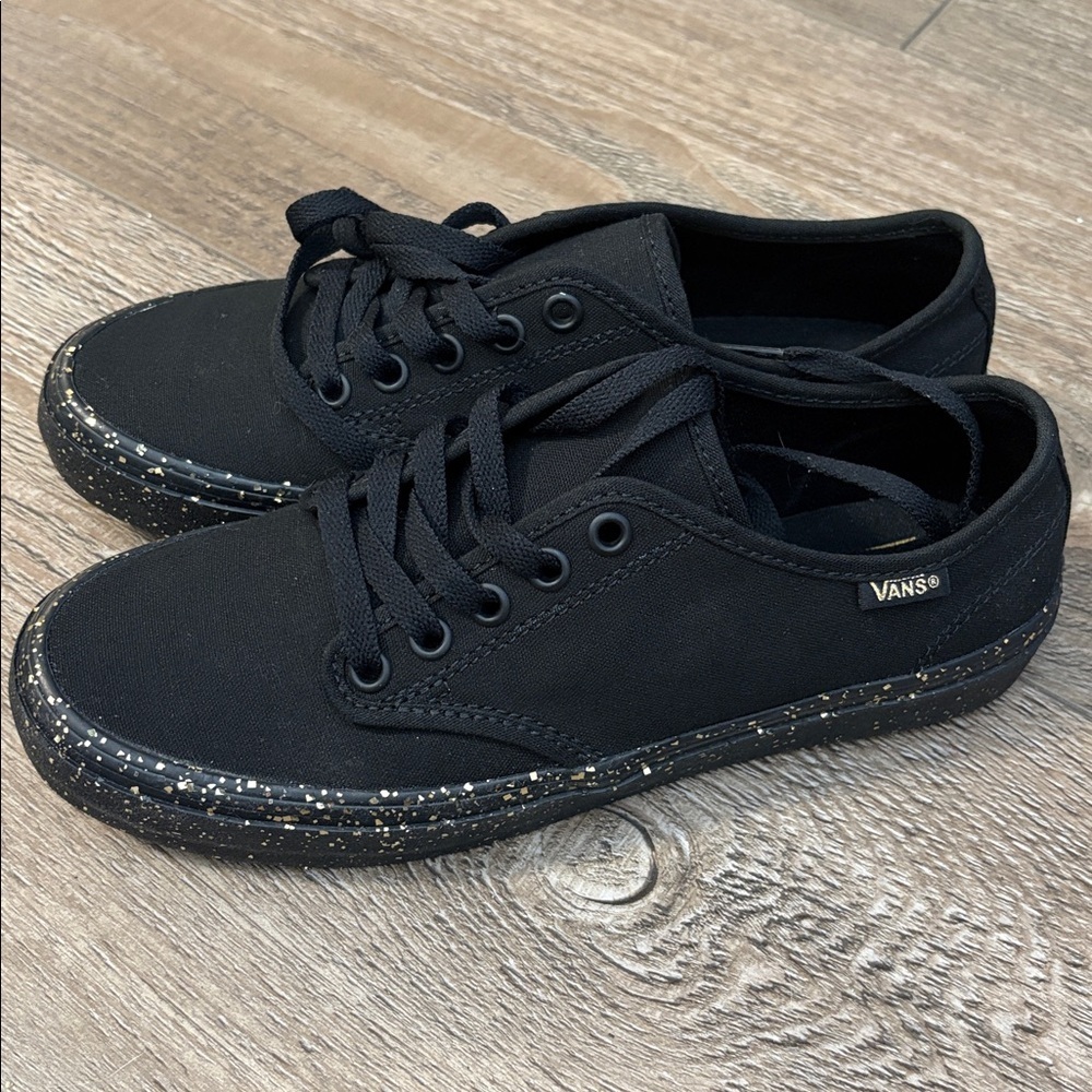 Rare VANS Authentic Atwood Black on Black Canvas Sneakers w Gold Glitter Sole